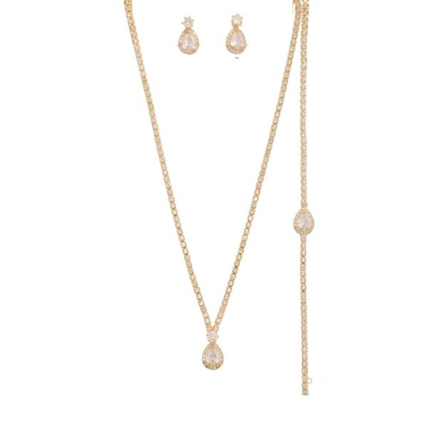 RHINESTONE TEARDROP PENDANT NECKLACE EARRING BRACELET SET