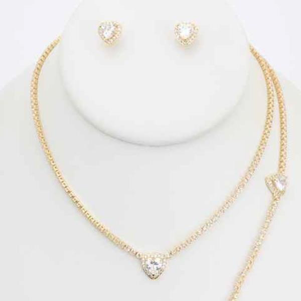 CZ HEART LARIAT NECKLACE EARRING BRACELET SET