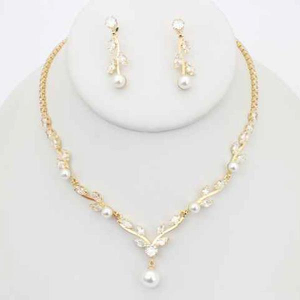 CZ PEARL DROP NECKLACE EARRING SET