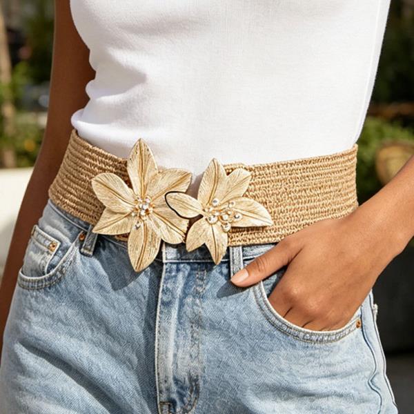 DUAL FLORAL BUCKLE ELASTIC WOVEN WAIST BELT
