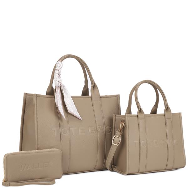 3IN1 TEXTURED SCARF HANDLE TOTE W MINI BAG AND WALLET SET