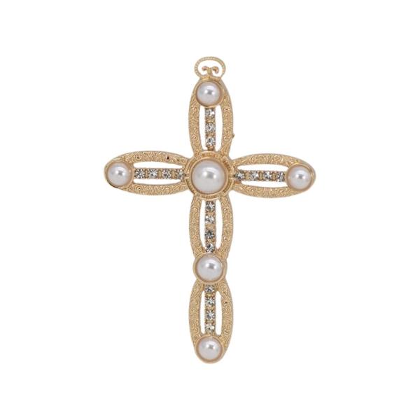 PEARL RHINESTONE CROSS BROOCH