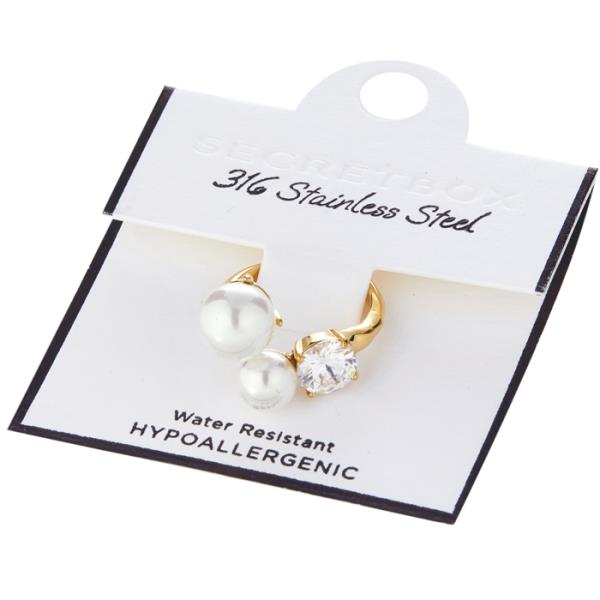STAINLESS STEEL PEARL CUBIC OPEN RING