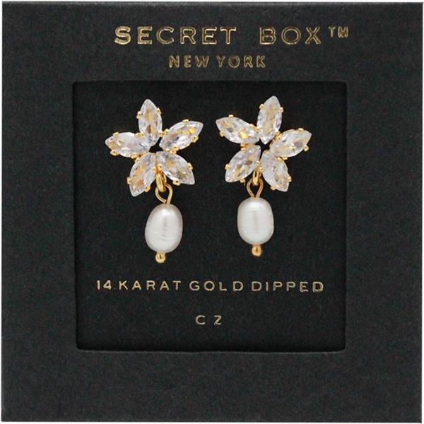 GOLD DIPPED FLORAL CZ PEARL DANGLE EARRING