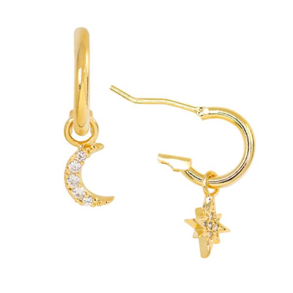 24KT WHITE GOLD DIPPED MOON STAR PIN EARRING
