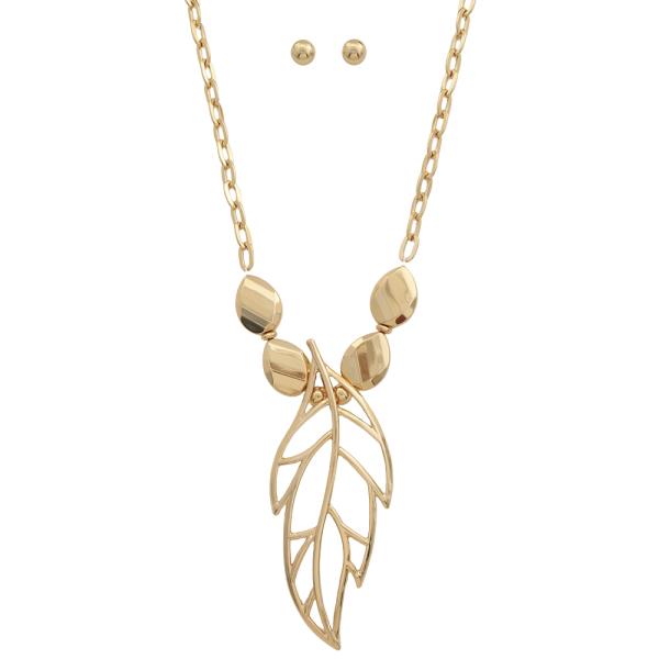 LEAF CUTOUT METAL CHAIN NECKLACE EARRING SET