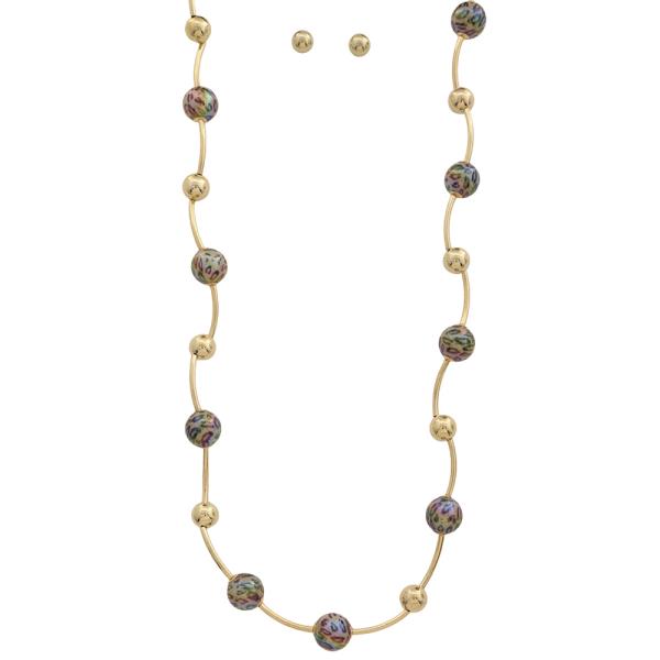 IRIDESCENT LEOPARD METAL MIX SHAPED BEAD NECKLACE EARRING SET