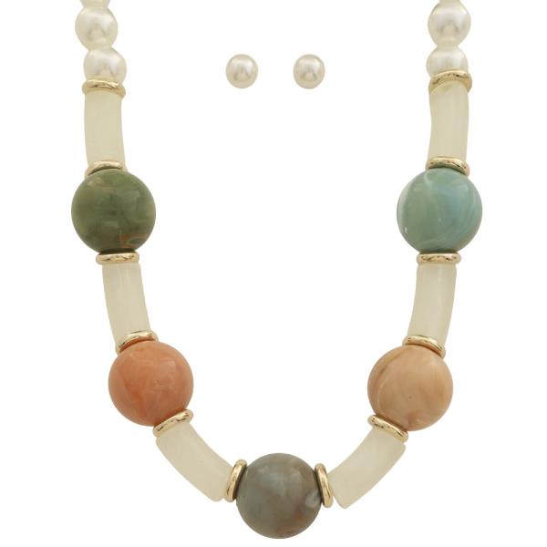COLORFUL MARBLE STYLE BEAD PEARL NECKLACE EARRING SET