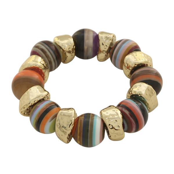 MULTI COLOR STRIPED RESIN METAL MIX BEAD STRETCH BRACELET