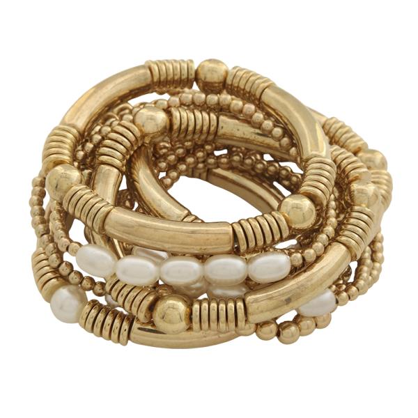 METAL BEAD PEARL STRETCH MULTI BRACELET SET