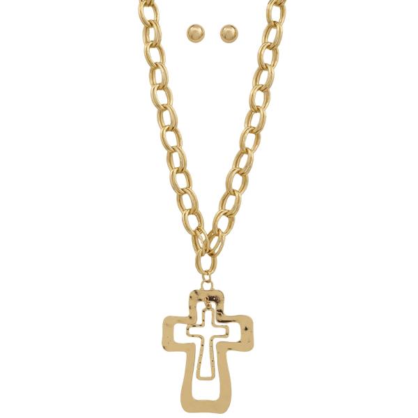 DOUBLE OPEN CROSS PENDANT CHAIN LINK NECKLACE EARRING SET