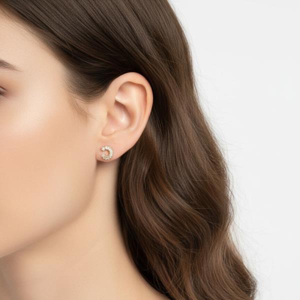 14K GOLD WHITE GOLD DIPPED BAGUETTE CZ CRESCENT STUDS