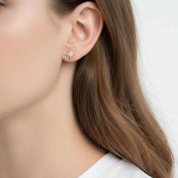 14K GOLD WHITE GOLD DIPPED CZ STARBURST STUD EARRING