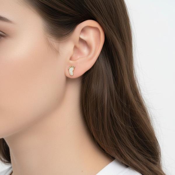 14K GOLD WHITE GOLD DIPPED CZ NEWBORN FOOTPRINT STUD EARRINGS