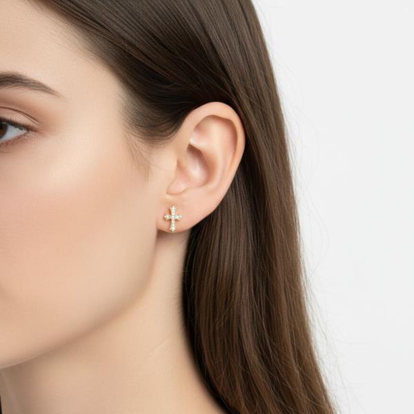 14K GOLD WHITE GOLD DIPPED CLASSIC CZ CROSS STUD EARRING