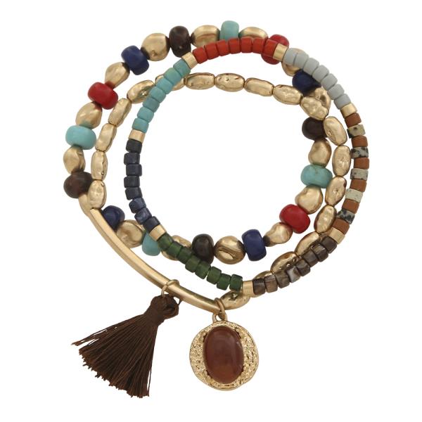 MIXED BEAD CHARM TASSEL STRETCH BRACELET SET