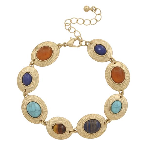 OVAL COLOR GEM STONE CHAIN LINK BRACELET