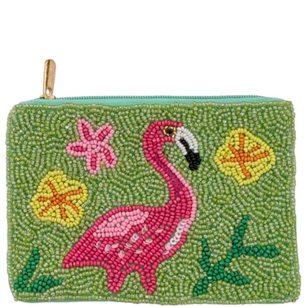 SEED BEAD TROPICAL FLAMINGO COIN PURSE BAG