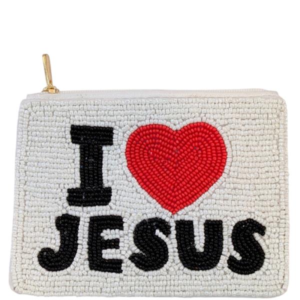 SEED BEAD I HEART JESUS COIN PURSE BAG