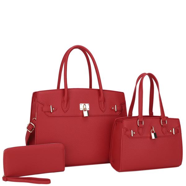 3IN1 KEYLOCK DESIGN SATCHEL W MATCHING BAG AND WALLET SET