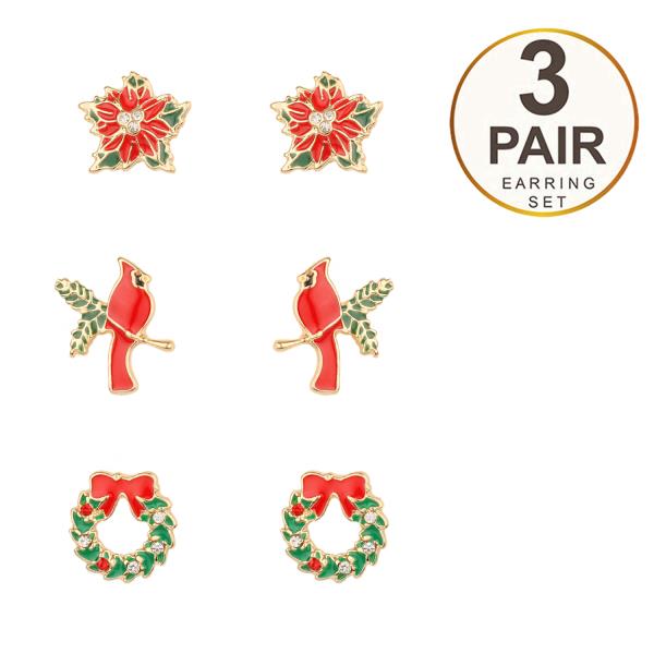 EPOXY RHINESTONE CHRISTMAS BIRD 3PAIR EARRING