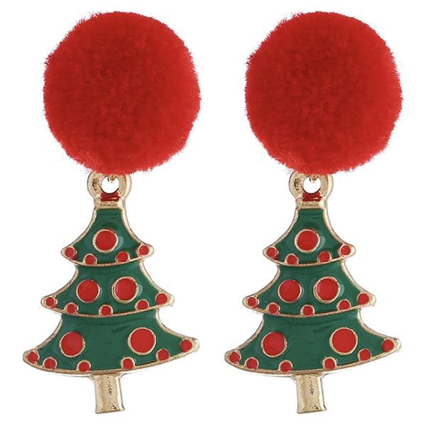 CHRISTMAS TREE POM POM DANGLE EARRING
