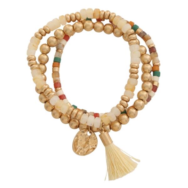 BEDED TASSEL METAL ROUND CHARM STRETCH BRACELET SET