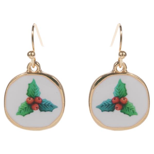HOLLY PATTERN ON ROUND DANGLE EARRING
