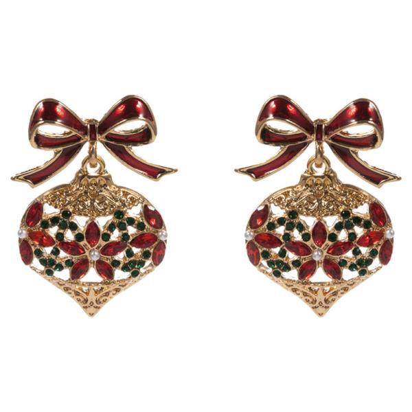 CHRISTMAS  ORNAMENT SHAPED METAL W/ STONE DETAILS DROP EARRING
