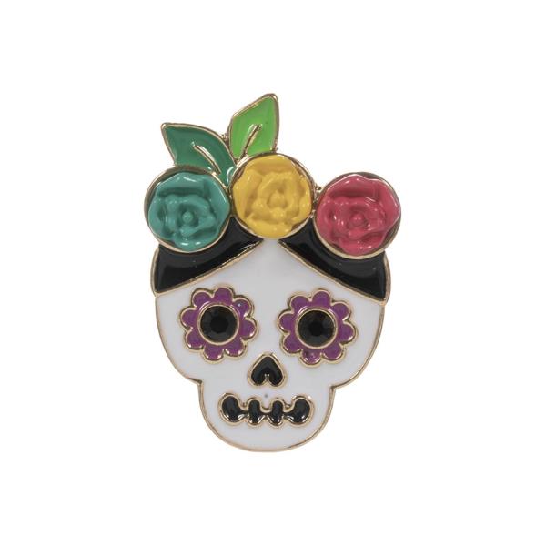 HALLOWEEN SKULL SHAPED ENAMEL W/ FLOWER SINGLE BROOCH