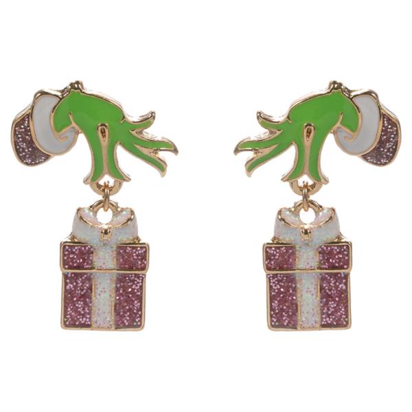 GREEN MONSTER`S HANDS W/ CHRISTMAS GIFT  POST DANGLE EARRING