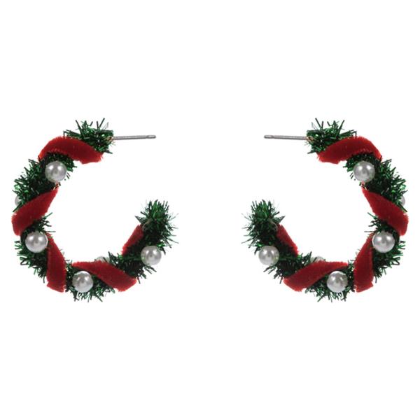CHRISTMAS ROUND SHAPED METALLIC THREAD W/ RIBBON AND PEARL HOOP EARRING