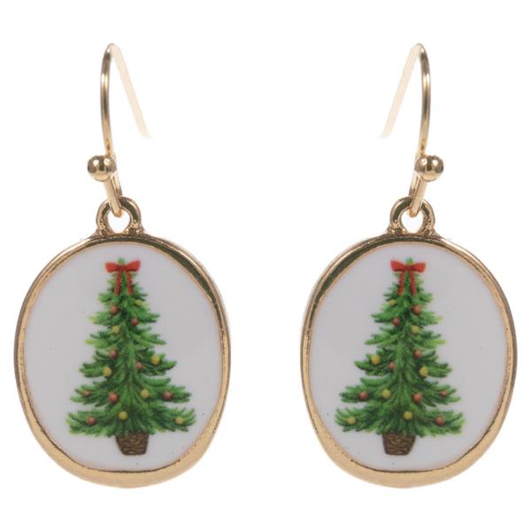 CHRISTMAS TREE PATTERN ON OVAL SHAPED ENAMEL EARRING