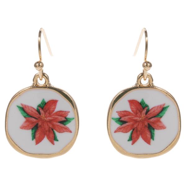 POINSETTIA PATTERN ON ROUND SHAPED ENAMEL EARRING
