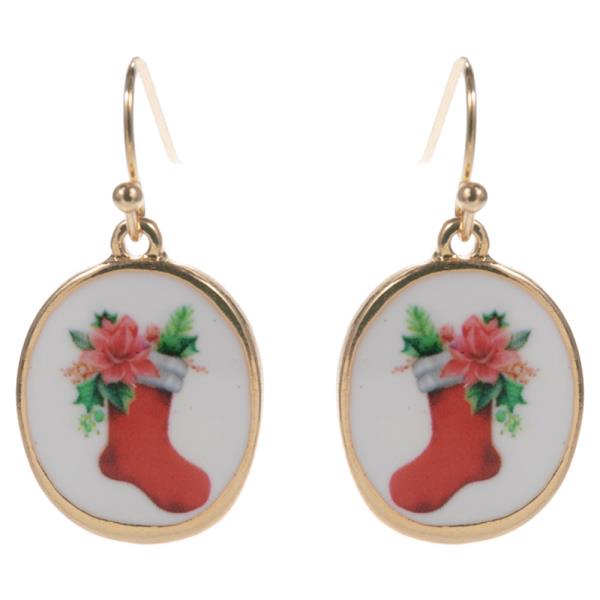 CHRISTMAS SOCKS PATTERN ON OVAL SHAPED ENAMEL EARRING