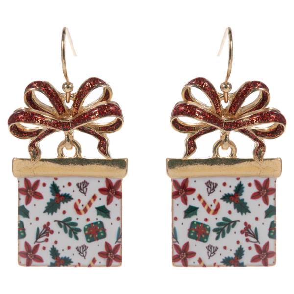CHRISTMAS PATTERNED GIFT BOX W/ BOW DANGLE EARRING
