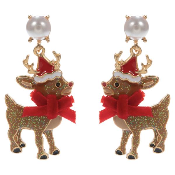 RUDOLPH SHAPED ENAMEL W/ RIBBON DANGLE EARRING