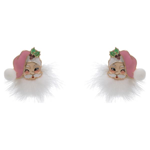 SANTA CLAUS SHAPED ENAMEL W/ FUR  POST EARRING