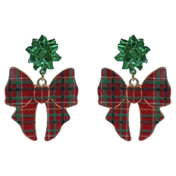 BOW SHAPED ENAMEL W/ CHRISTMAS PATTERN  POST EARRING