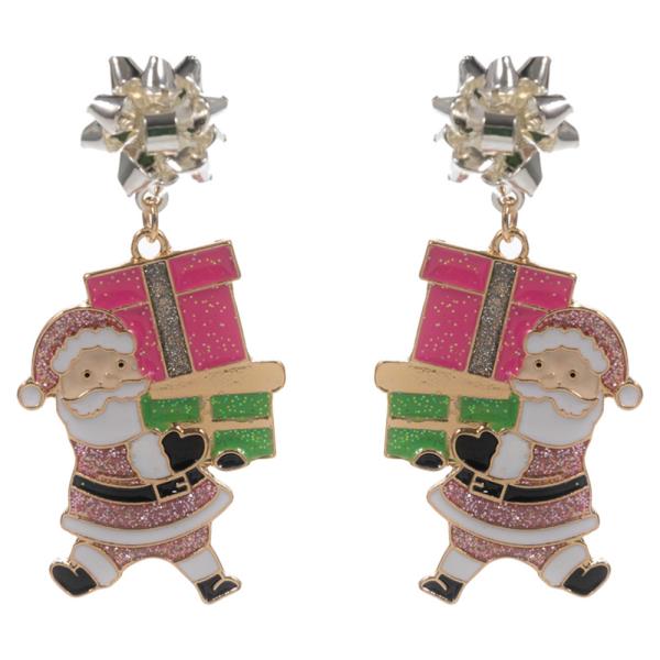CHRISTMAS SANTA CLAUS W/ ENAMELED GIFTS POST DANGLE EARRING