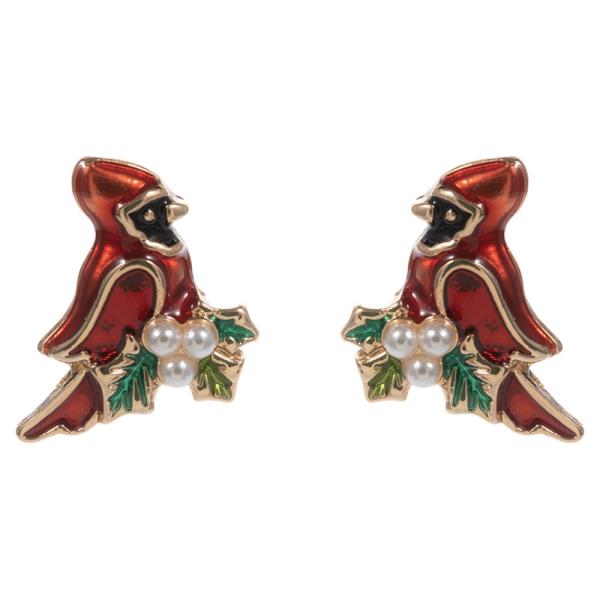 CARDINAL W/ PEARL HOLLY POST EARRING