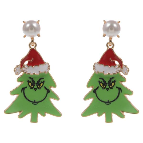 CHRISTMAS TREE SHAPED ENAMELED GREEN MONSTER EARRING