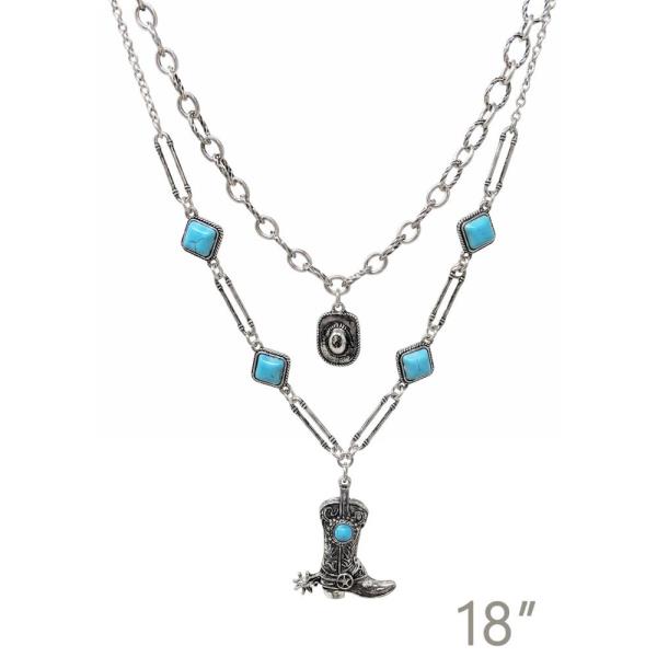 WESTERN MULTI CHAIN SEMI STONE BOOT PENDANT NECKLACE