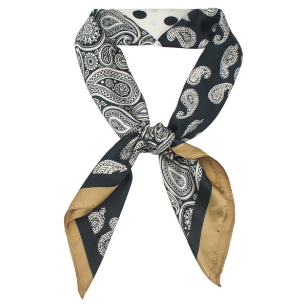 BORDERED PAISLEY DOT QUAD PRINT SILKY BANDANA SQUARE NECK SCARF