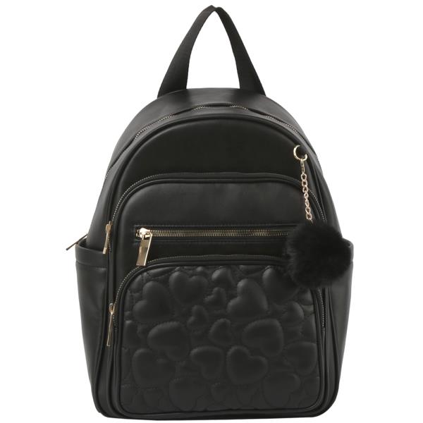 QUILTED HEART POM ZIPPER BACKPACK