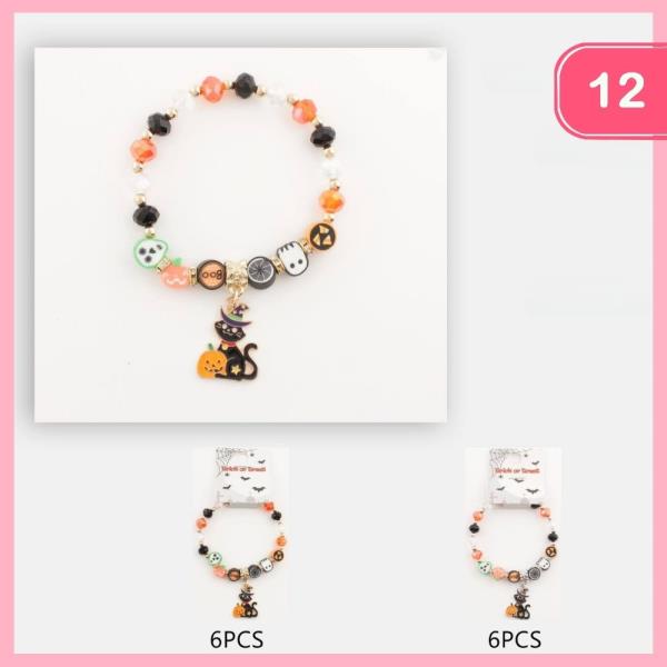 HALLOWEEN BEADED CAT CHARM BRACELET (12 UNITS)