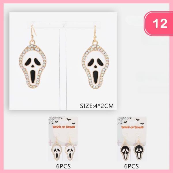 HALLOWEEN RHINESTONE GHOST FACE DANGLE EARRING (12 UNITS)