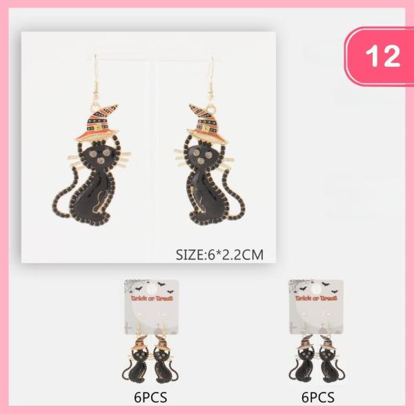 HALLOWEEN RHINESTONE CAT DANGLE EARRING (12 UNITS)