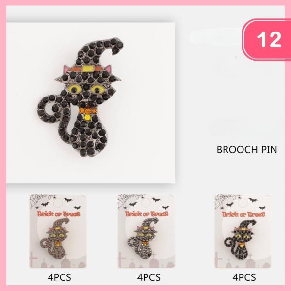 HALLOWEEN WITCH CAT RHINESTONE BROOCH (12 UNITS)