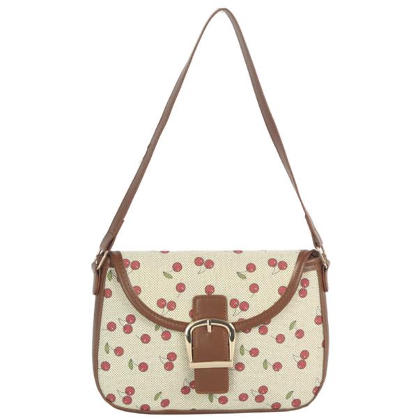 CHERRY PRINT TEXTURE BUCKLE DESIGN SHOULDER BAG